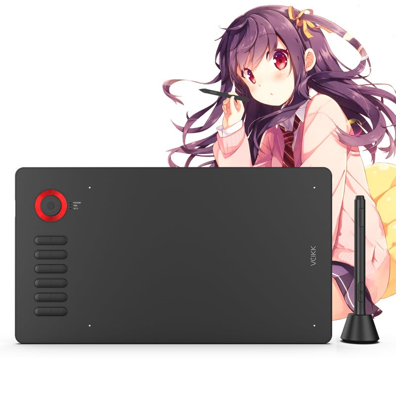 Veikk لوحة رسم رقمية VEIKK A15Pro مع قلم رسومات 10 × 6 بوصة مع 12 مفتاح اختصار و 1 قرص سريع، تدعم وظيفة الميل، لنظام MAC/Win/Linux/Android (أحمر) - Image 1